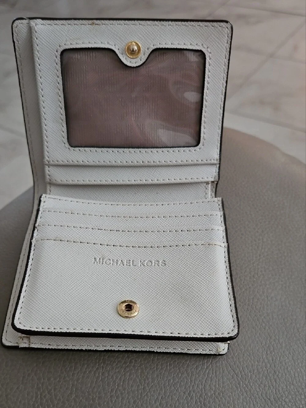 Michael Kors White and Brown MK Logo Compact Wallet